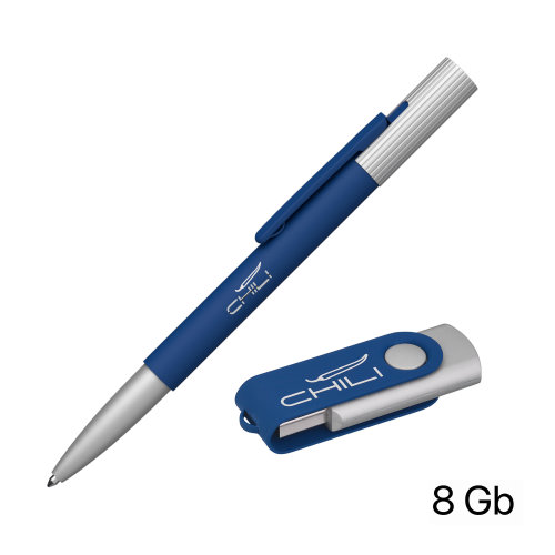 Набор ручка "Clas" + флеш-карта "Vostok" 8 Гб в футляре, покрытие soft touch, темно-синий