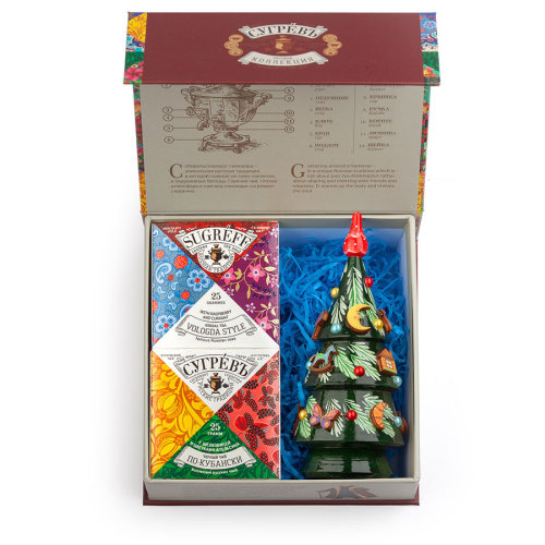 Набор подарочный  "Сугревъ. Россия" из 2-х коробочек с листовым чаем и ёлкой-матрешкой (разные цвета)