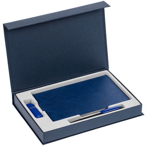 Коробка Silk с ложементом под ежедневник 13x21 см, флешку и ручку, синяя