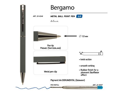 Ручка Bergamo шариковая автоматическая, серый металлический корпус, 1.0 мм, синяя