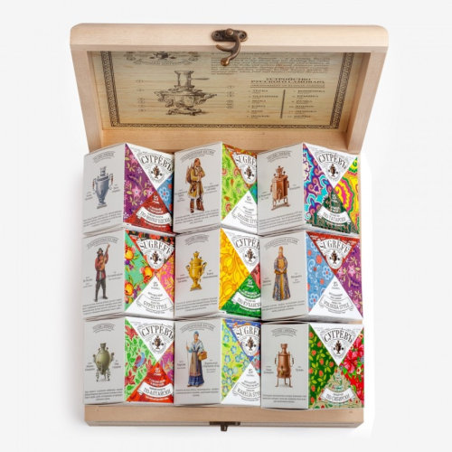 Подарочный набор с логотипом Сугревъ в деревянной коробке, коллекция из 9 чаёв (разные цвета)