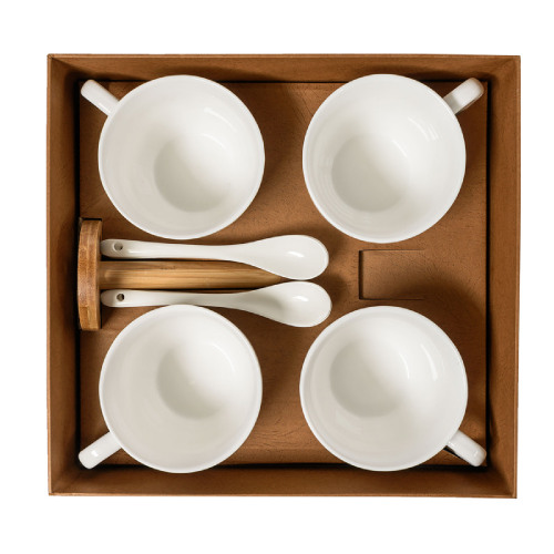 Набор "Ксю":чайная пара (4шт) и чайная ложка (4шт) с подставкой в подарочной упаковке (коричневый, белый)