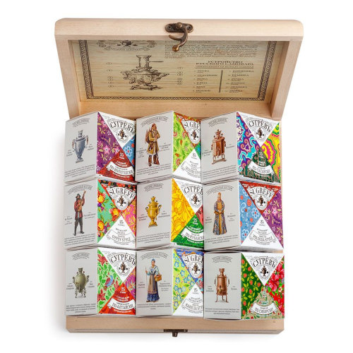 Подарочный набор Сугревъ в деревянной коробке без лого, коллекция из 9 чаёв (бежевый)